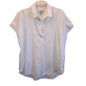 BANANA REPUBLIC L Solid White Linen Short Sleeve Collared Pullover Top Viscose